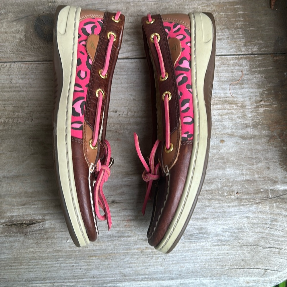 Sperry Brown Boat Shoes with Pink Leopard Print Sz women’s 6 M - Picture 4 of 10